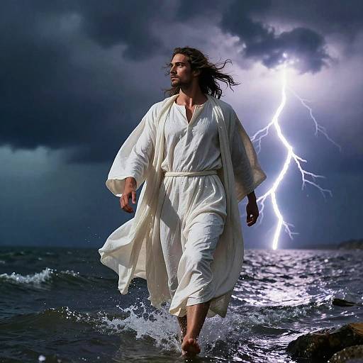 Photograph of a bearded man with long brown hair, wearing a white robe, walking in ocean waves during a dramatic storm with bright lightning in the