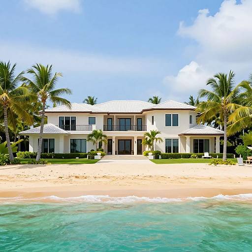 Photograph of a white, two-story beach house with large windows, palm trees, and a sandy shore with clear turquoise water.