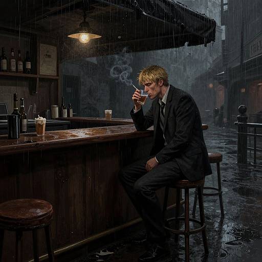 Moody photograph of a blond man in a black suit, smoking a cigarette, sitting at a rain-soaked, dimly-lit bar.