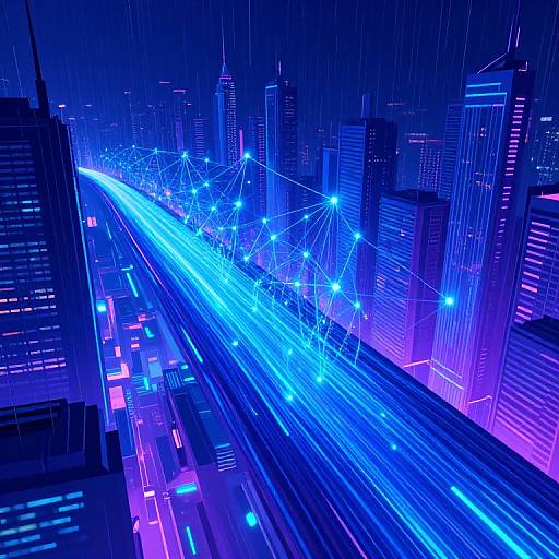 Neon-lit futuristic cityscape photograph with vibrant blue and purple lights, glowing string network, and curving light trails over skyscrapers.