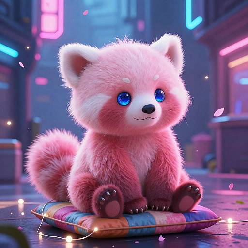 Cute digital illustration of a fluffy pink-red panda with bright blue eyes, sitting on a colorful pillow in a neon-lit city alley at night,