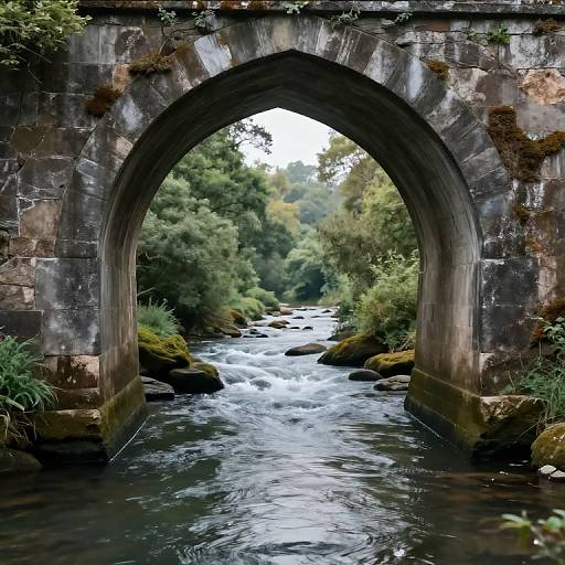 Photograph of a moss-covered stone arch bridge framing a clear, flowing river with rocks and lush greenery in the background.