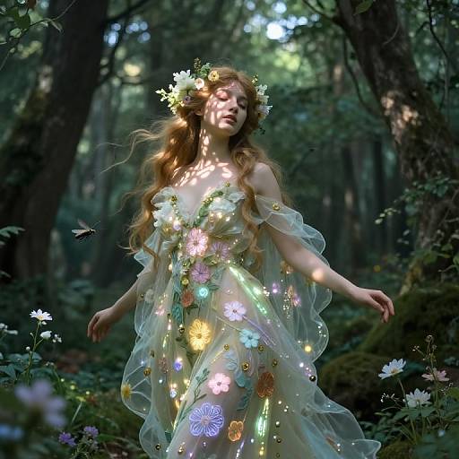 Photograph of a fair-skinned, red-haired fairy with glowing flower-adorned dress, wearing a floral crown, dancing in a luminous forest