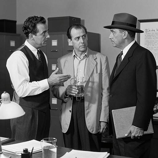 Three Men in a Dimly Lit Office