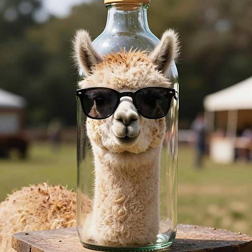 Photograph of a fluffy llama with beige fur, wearing black sunglasses, inside a clear glass bottle, outdoors with blurred green background.