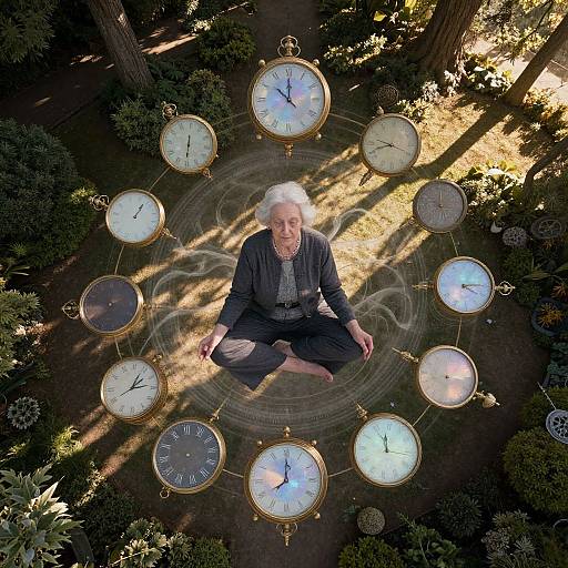 Photograph of an elderly white man with white hair, sitting cross-legged in a garden, surrounded by twelve large, gold-cased clocks, all showing