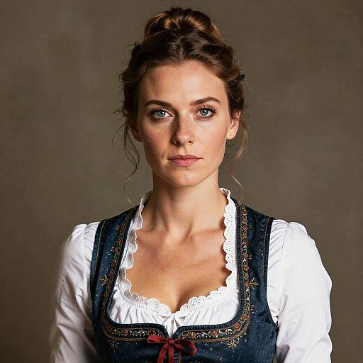 Photograph of a fair-skinned woman with blue eyes, brown hair in a bun, wearing a white blouse and blue embroidered dirndl, against a