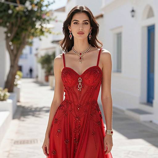Photograph of a brunette woman with medium-length hair, wearing a sparkly, red, strapless dress, and matching jewelry, standing on a sun