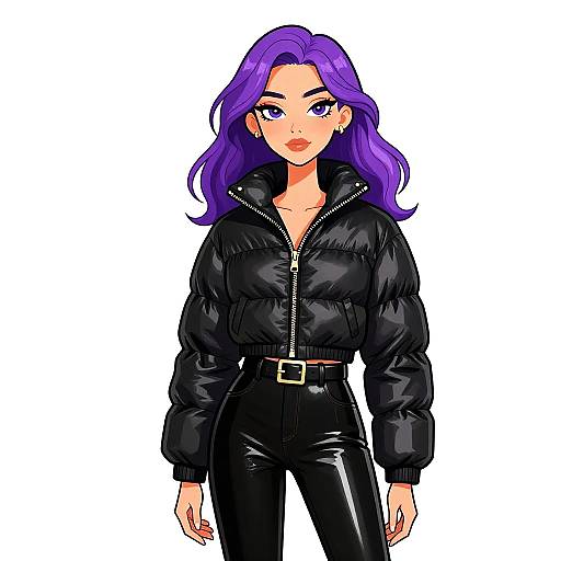 Stylish Woman in Glossy Black Streetwear