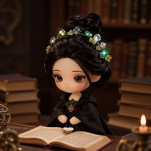 Digital art of a cute, big-eyed, black-haired doll with flower crown, reading an open book in a dimly lit, book-filled library.