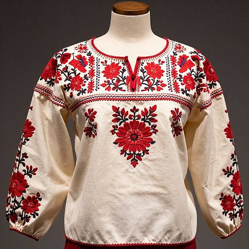Photograph of a vintage white embroidered long-sleeve shirt with red and black floral patterns, displayed on a wooden mannequin against a dark gray