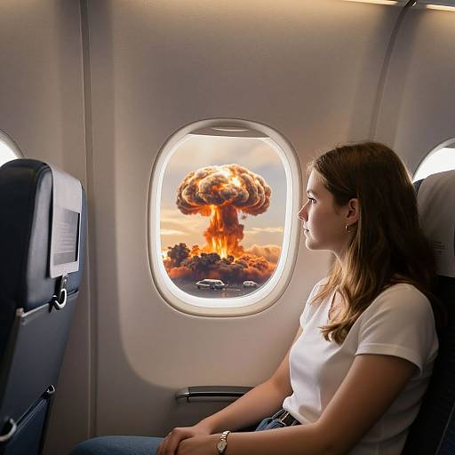Photograph of a woman in a white shirt, sitting in an airplane seat, looking out the window at a fiery explosion outside.