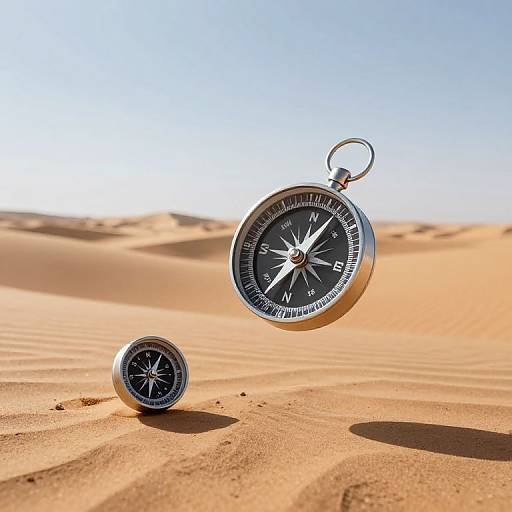 Photograph of a silver compass with a black face and white needle, floating in mid-air over golden sand dunes under a clear blue sky.