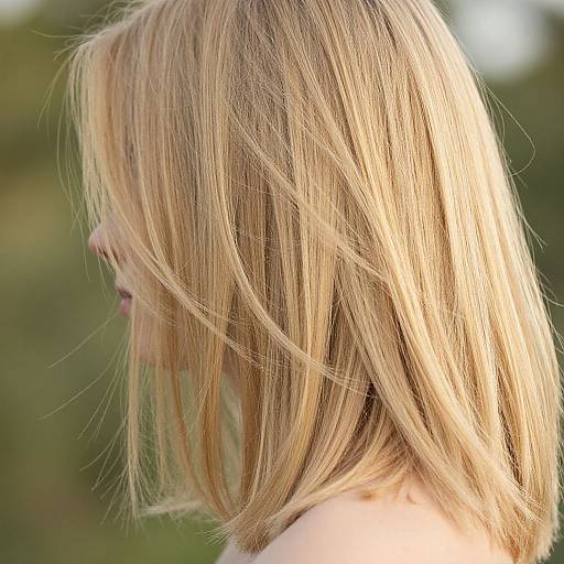 Close-up photograph of a blonde woman with straight, shoulder-length hair partially covering her face, sunlight illuminating her hair, blurred green background.