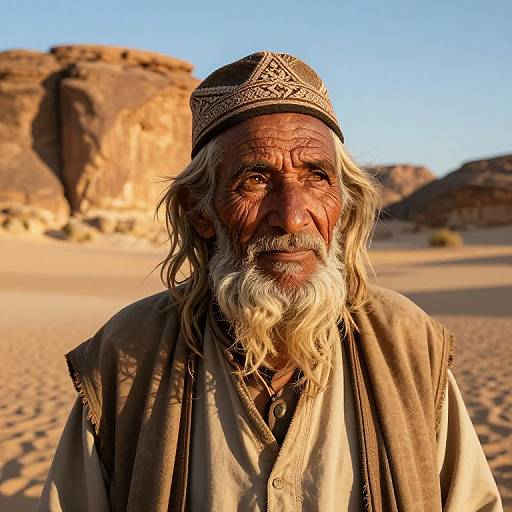Photograph of an elderly, weathered Middle Eastern man with a long white beard, wearing a patterned headscarf and brown robe, standing in