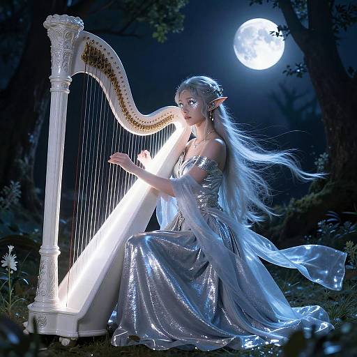 Digital artwork of a silver-haired, elven woman playing a glowing, illuminated harp under a full moon in a dark, enchanted forest.