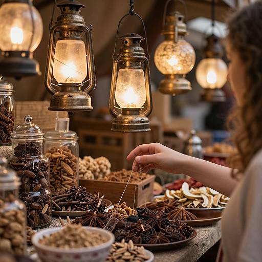 Photograph: Close-up of a person's hand selecting star-shaped, chocolate-covered treats under warm, vintage lantern lights at a rustic market stall.
