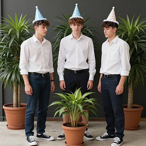 Photograph of three young men, white shirts, black pants, white and blue party hats, standing in front of potted plants, wearing black and