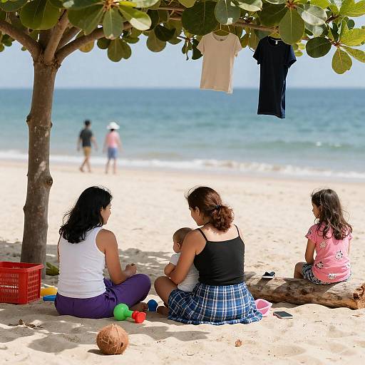 Family Relaxing on Sandy Beach Under Tree