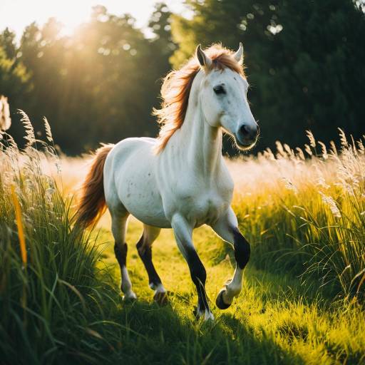 White Horse Running Through Sunlit Field