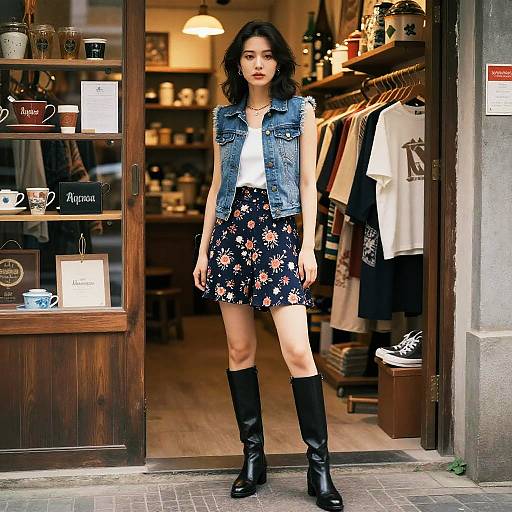 Photograph of an Asian woman with wavy black hair, wearing a denim vest, white shirt, floral skirt, and black boots, standing in a