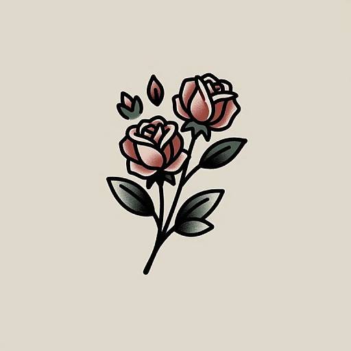 Digital tattoo-style illustration of two pink roses with black outlines, green leaves, and a small green heart among the blooms.