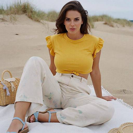 Photograph of a woman with dark brown hair, wearing a yellow crop top and white floral pants, seated on a beach blanket, against a sandy d