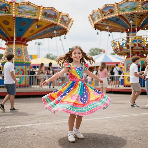 Photograph of a joyful young girl with long brown hair, wearing a colorful, rainbow-patterned dress, twirling in front of a brightly lit,