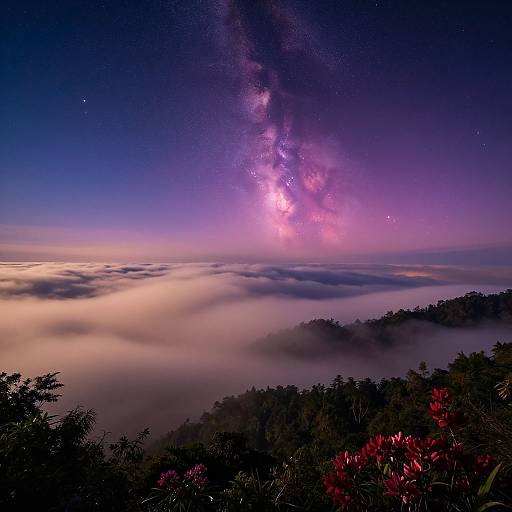 Photograph of a night sky with vibrant Milky Way, purple and pink hues, above a misty forested valley with silhouetted trees and