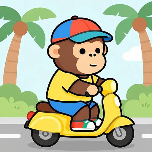 Cartoon monkey riding a yellow scooter, wearing a red and blue cap, yellow shirt, blue shorts, and red sneakers, with palm trees in the