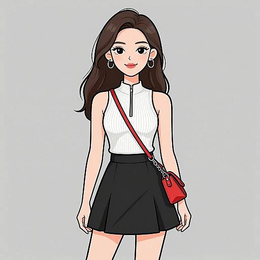 Digital illustration of a young woman with long brown hair, wearing a white sleeveless top, black skirt, red crossbody bag, and hoop earrings,