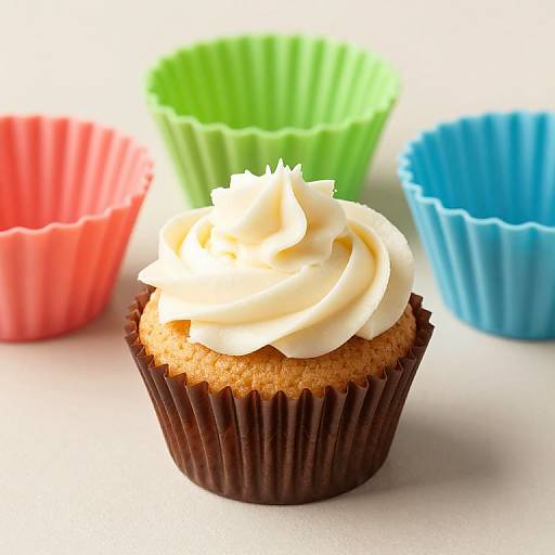 Close-up photograph of a cupcake with white swirled frosting, brown wrapper, and colorful green, red, and blue cupcake liners in background