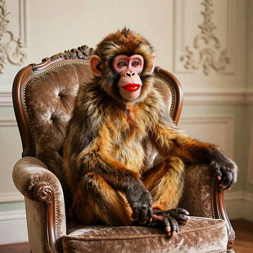 Photorealistic digital artwork of a red-lipped monkey with orange and brown fur, sitting on an ornate, brown leather chair in an elegant,