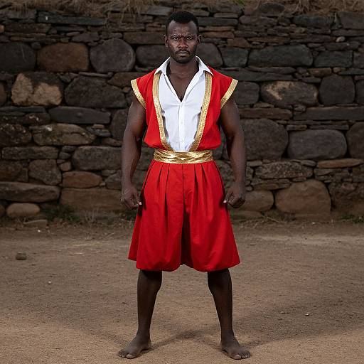 Photograph of a muscular Black man standing barefoot in front of a stone wall, wearing a red and white tunic with gold trim and a red