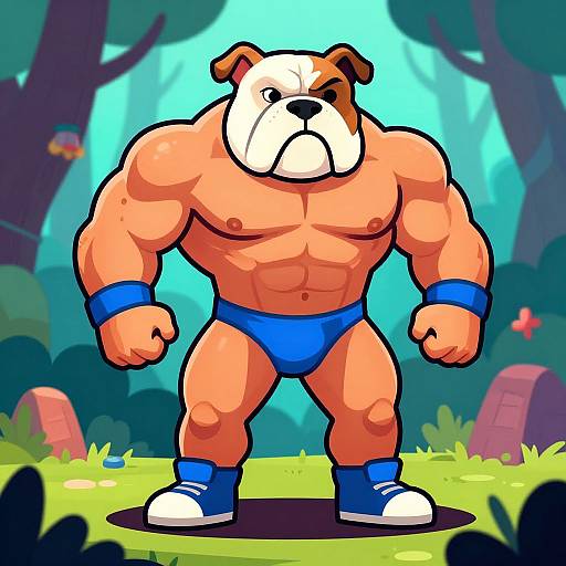 Cartoon-style, muscular bulldog in blue briefs, wristbands, and sneakers, standing in a vibrant, forested graveyard. Bright colors,