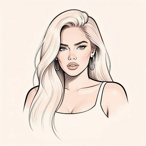 Digital illustration of a blonde woman with long, wavy hair, wearing a white tank top, hoop earrings, and bold eyeliner, staring confidently forward