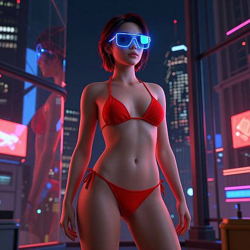 CGI image of a fit woman in red bikini and neon blue VR goggles, standing in a neon-lit, futuristic cityscape.