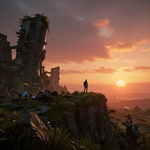 Digital art: Silhouetted figure on rocky cliff at sunset, overlooking futuristic, ruined building with tangled wires, surrounded by grass and rocks. Warm