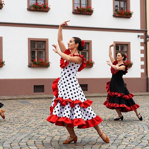 Photograph of two flamenco dancers in colorful, ruffled dresses; one in white with black polka dots, the other in black with red,
