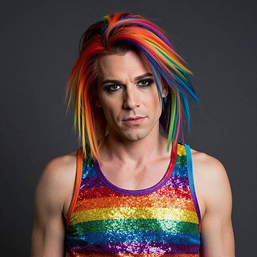 Photograph of a muscular man with rainbow-colored, spiked hair wearing a sparkly, rainbow-striped tank top against a dark background.