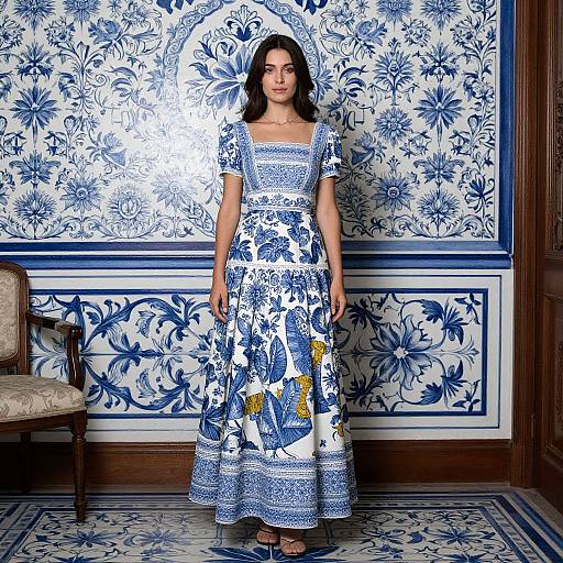 Photograph of a dark-haired woman in a blue and white floral dress, standing against a blue floral wallpaper backdrop.