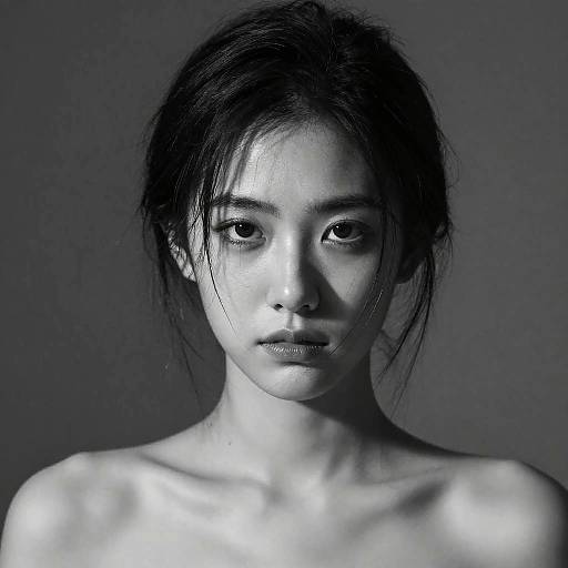 Monochromatic photograph of a young Asian woman with wet, disheveled hair, intense gaze, and bare shoulders against a dark blue-gray background.