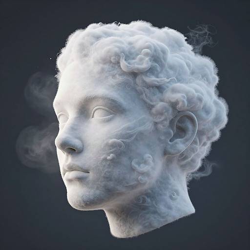 Digital CGI of a white, cloud-like marble head with curly hair, glowing against a dark blue background, emitting wisps of smoke.