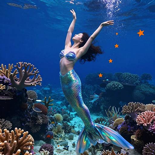Photograph of a shimmering blue mermaid with a strapless top, arms raised, underwater amidst colorful coral reefs and three orange fish.