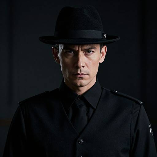 Photograph of a serious, light-skinned man with short dark hair, wearing a black fedora and black uniform, against a dark background.
