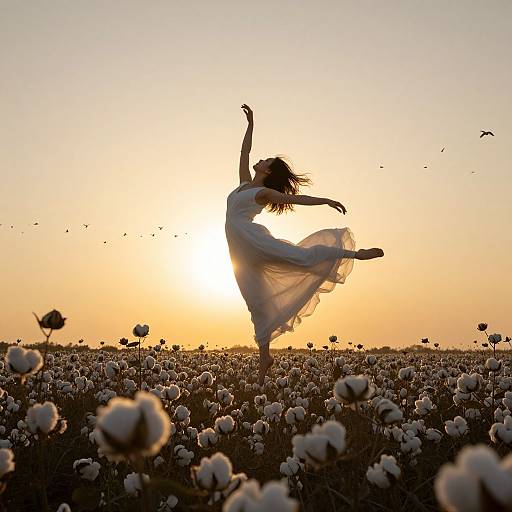 Silhouetted woman in flowing white dress dancing in sunlit cotton field at sunset, with scattered birds in the golden sky.