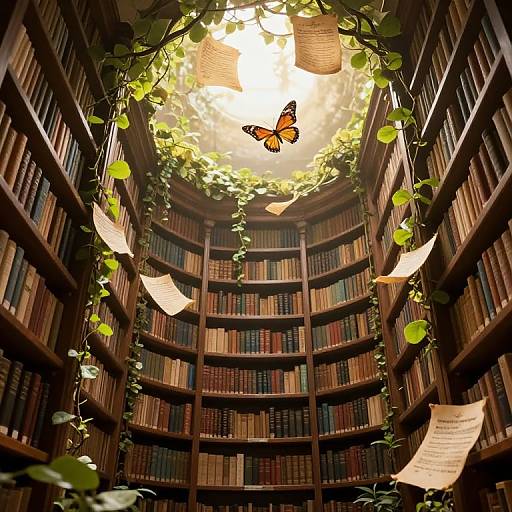 Photograph-like digital art of a sunlit library with curved bookshelves, vines, floating papers, and a vibrant orange butterfly at the center.