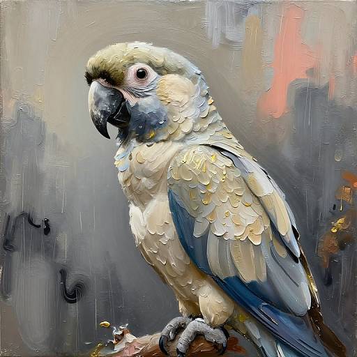 Detailed digital painting of a blue and yellow macaw with textured feathers, perched on a branch, set against a blurred, abstract background.