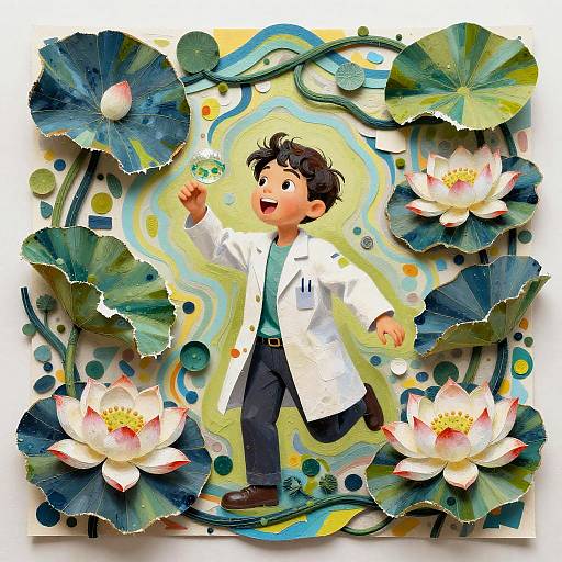 Energetic Scientist Amid Lotus Dreams