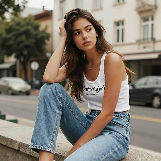 Photograph of a young woman with long brown hair, wearing a white tank top and blue jeans, sitting on a street ledge, looking contemplative in